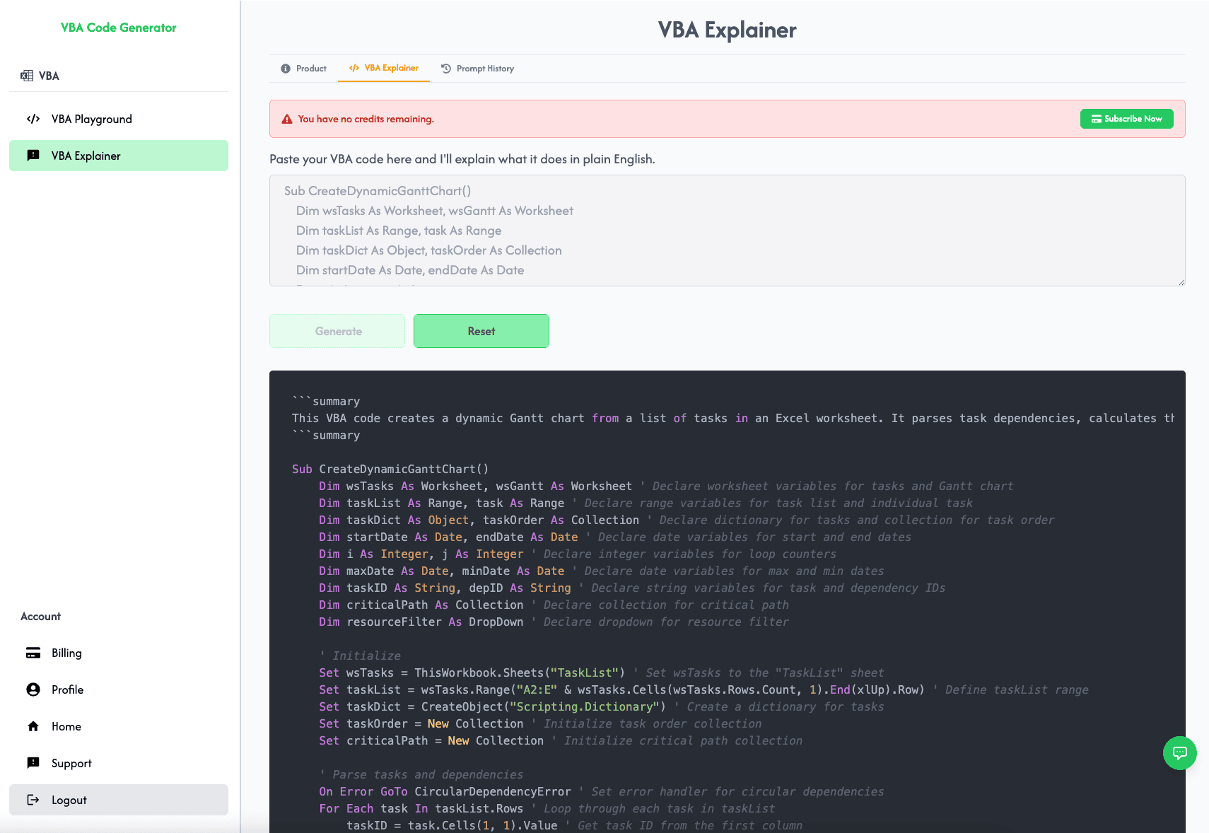 VBA Code Explainer Interface
